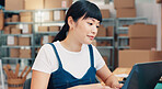 Laptop, schedule and supply chain with asian woman in office for distribution, logistics or supply chain. Computer, delivery and shipping with employee in office for shipment of export or import