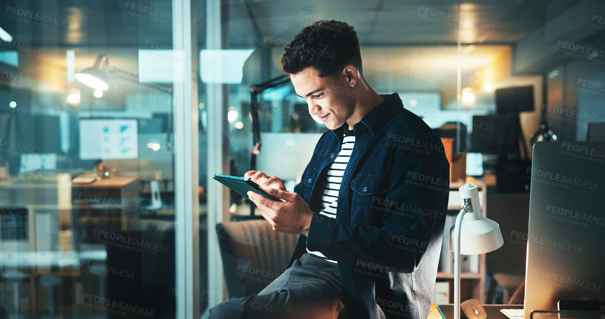 Buy stock photo Night, reading and man on tablet for startup report, post deadline or online update research. Web design, engagement or content strategy with tech for digital marketing trends or social media growth