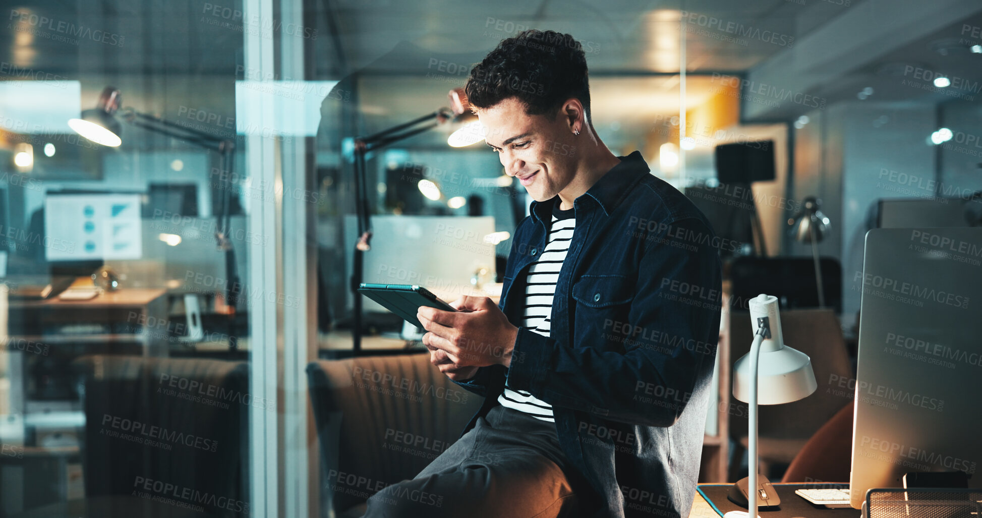 Buy stock photo Programmer, idea and tablet with feedback, research and overtime work for data analysis. Web design, night and negotiation for man, cloud computing and agency deadline for online communication