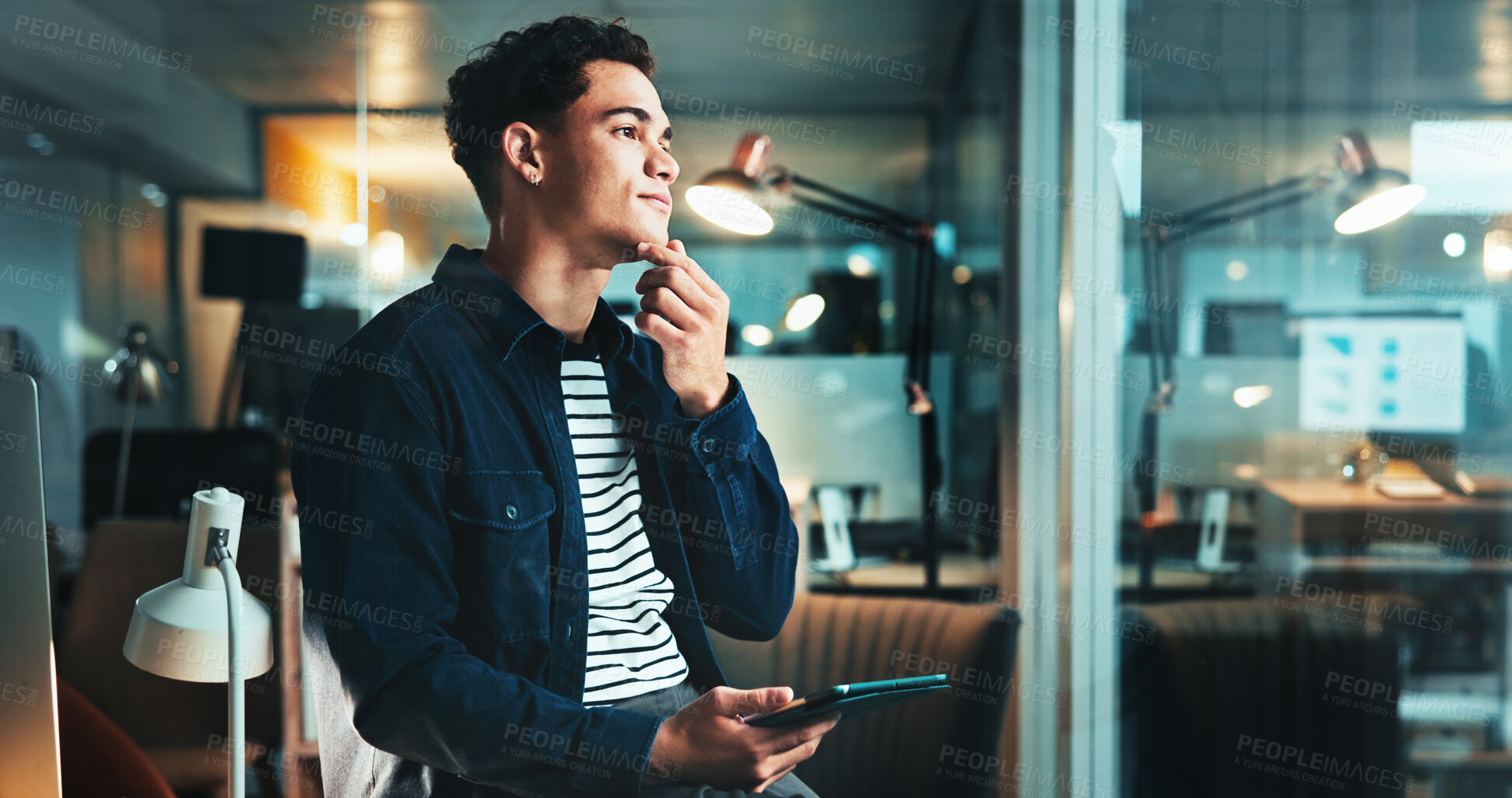 Buy stock photo Night, idea and man on tablet for startup report, post deadline or online update research. Thinking, engagement or content strategy with technology for digital marketing trends or social media growth