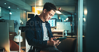 Buy stock photo Programmer, thinking and tablet with website, feedback and overtime work for data review. Web design, night and deadline update for man, cloud computing and connectivity for online communication