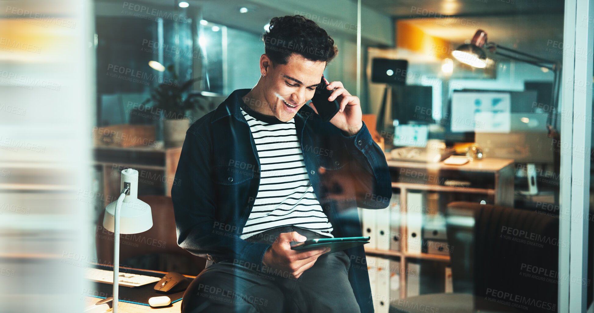 Buy stock photo Programmer, idea and tablet with phone call, research and overtime work for networking. Web designer, night and  deadline negotiation for man, cloud computing or connectivity for online communication