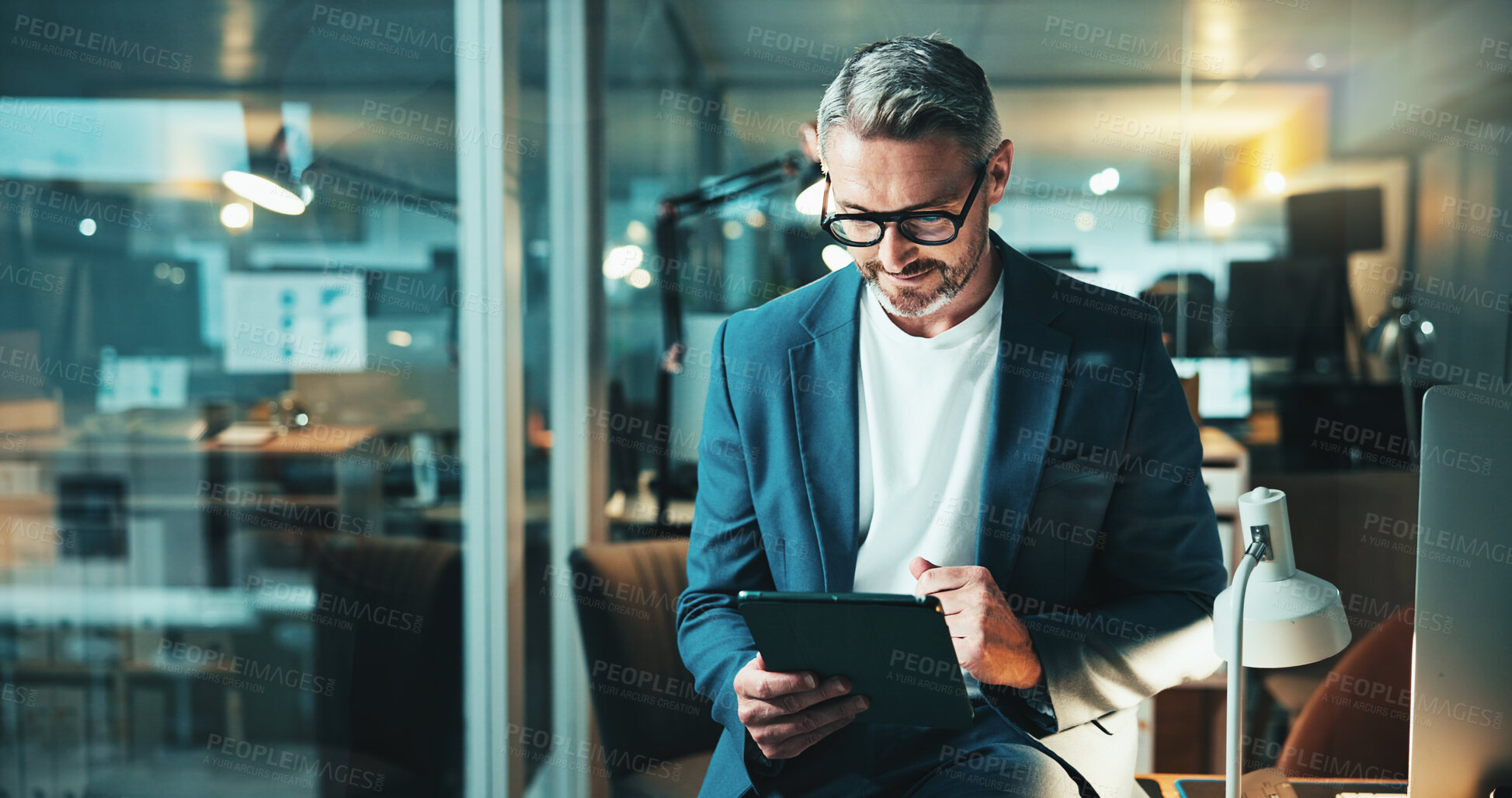 Buy stock photo Mature programmer, tablet and review with project, feedback or overtime work for research. Web design, night or email update for man, software agency and b2b networking or online communication