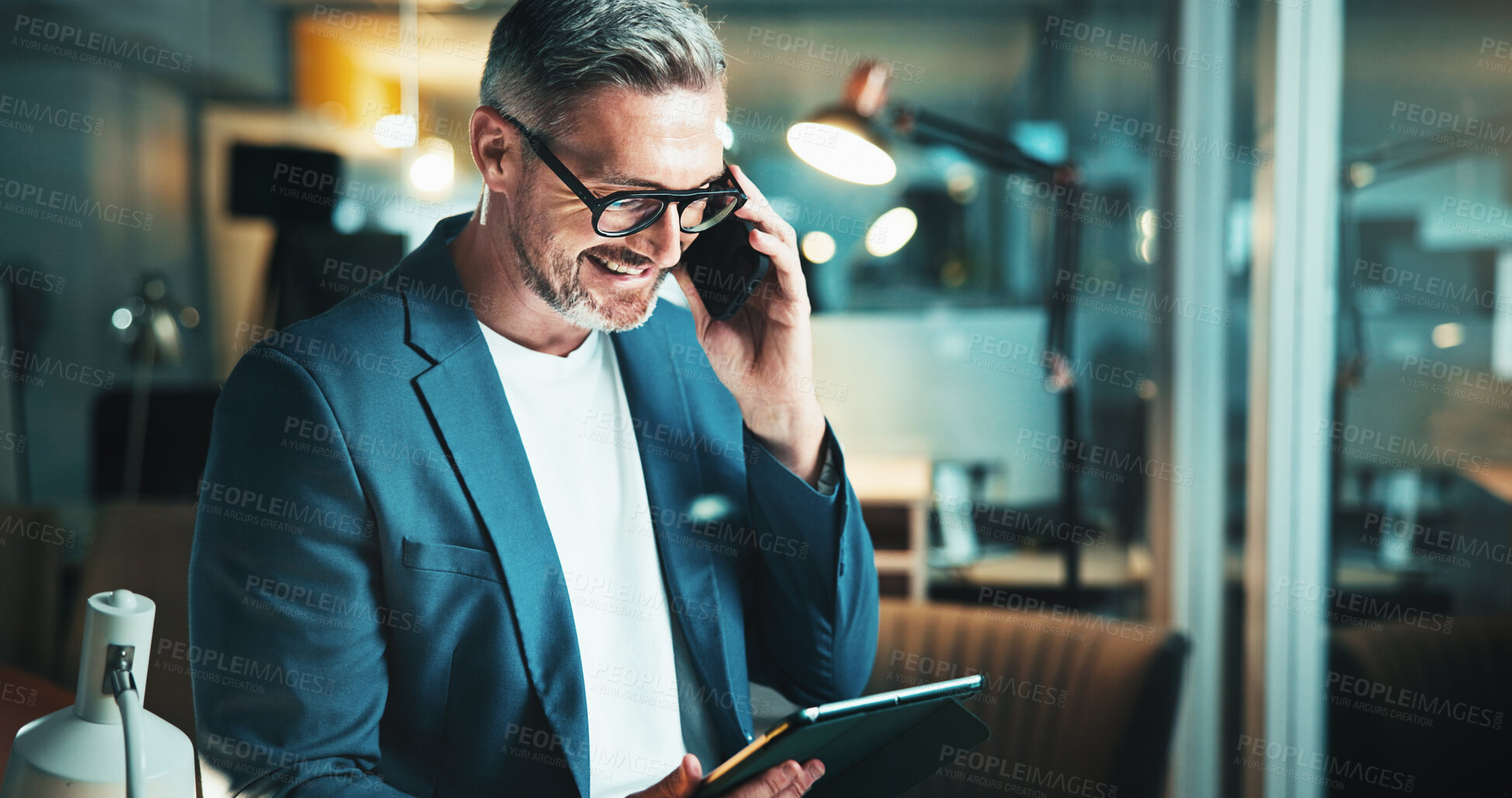 Buy stock photo Night, phone call and man in office on tablet for feedback, overtime work or project report. Web design, email update or mature programmer with cloud computing, b2b networking or online communication