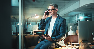 Buy stock photo Night, phone call and mature man with tablet, post deadline report or online update planning. Thinking, engagement or content strategy with tech for digital marketing agency or social media growth