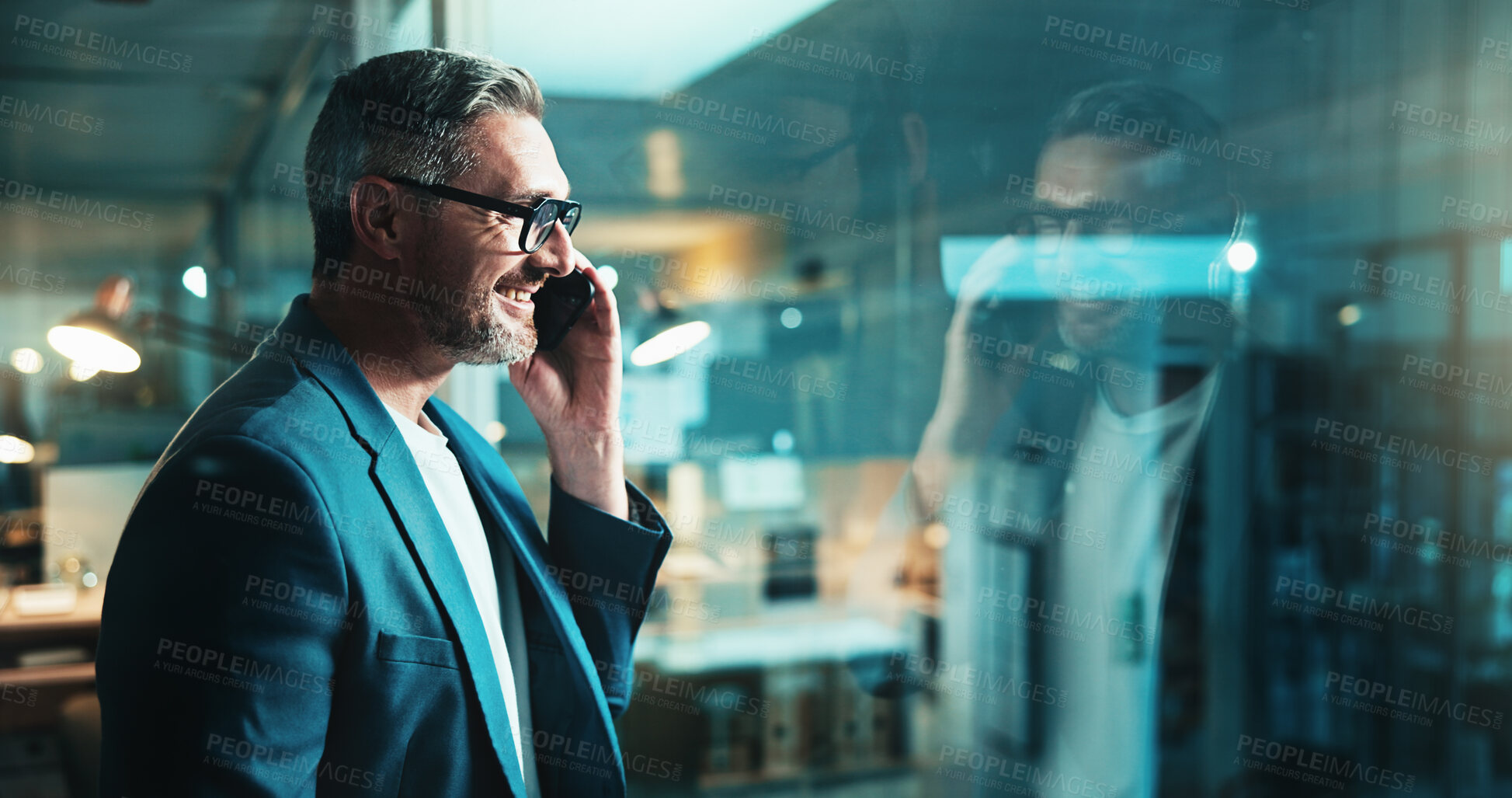 Buy stock photo Night, phone call and man for office startup report, post deadline or online update planning. Thinking, engagement or content strategy with tech for digital marketing agency and social media growth