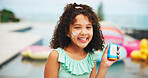 Sunscreen, smile and portrait of girl at swimming pool for uv rays protection, spf cream and summer vacation. Sunblock lotion, dermatology product and bottle with child at holiday resort for skincare