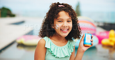 Buy stock photo Sunscreen, smile and portrait of girl at swimming pool for uv rays protection, spf cream and summer vacation. Sunblock lotion, dermatology product and bottle with child at holiday resort for skincare