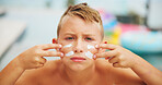 Sunscreen, swatch and portrait of boy at swimming pool for uv rays protection, spf cream and summer vacation. Sunblock lotion, dermatology product and travel with child at holiday resort for skincare
