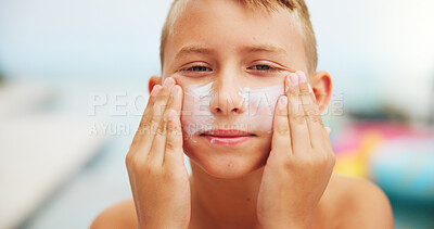Buy stock photo Sunscreen, portrait and skincare with child at swimming pool for uv rays protection, spf cream or summer vacation. Sunblock lotion, dermatology product and apply with kid at holiday resort for safety