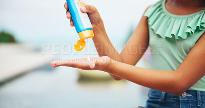 Buy stock photo Sunscreen, hands and cream with child at swimming pool for uv rays protection, spf bottle and summer vacation. Sunblock lotion, dermatology product and closeup with kid at holiday resort for skincare