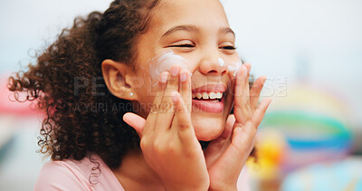 Buy stock photo Outdoor, apply and child with sunscreen for skincare, sunburn prevention and wellness on holiday. Face, female person and happy girl with spf cream for cosmetics, UV protection and vacation travel