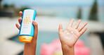 Sunscreen, smile and hand with child at swimming pool for uv rays protection, spf cream or summer vacation. Sunblock lotion, dermatology product and closeup with kid at holiday resort for safety