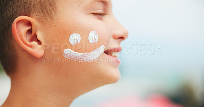 Buy stock photo Happy boy, smile and sunscreen for skincare outdoor with SPF for UV protection or face cream in nature. Profile, child or kid with sun creme or lotion drawing for holiday or summer vacation by space