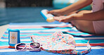 Summer, sunscreen and product for skincare, sunglasses and protection for UV radiation on vacation. Outdoor, shades and lotion for prevention of sunburn, bottle and cosmetics for child on holiday