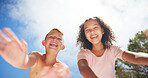 Selfie, outdoor and kids with smile, friends and bonding together with happiness. Portrait, nature and children with weekend break, playful and cheerful with fun, games and funny with humor and below