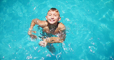 Buy stock photo Portrait, boy and happy child swimming in pool for fitness, training and holiday in house backyard. Above, smile and healthy male kid swimmer in water for outdoor exercise, playing and workout