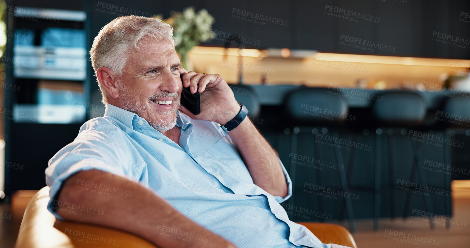 Buy stock photo Smile, relax and phone call with old man on sofa for good news, positive health test and conversation. Retirement, telehealth checkup and contact with senior person and mobile in living room of home 
