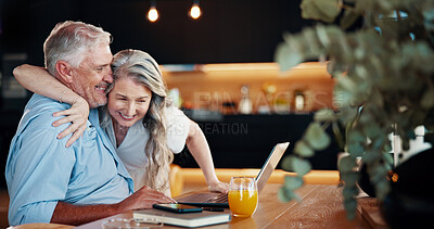 Buy stock photo Senior couple, laptop and hug in home for celebration, success or retirement loan approval. Computer, happy man and woman embrace for love, winning and good news for pension fund increase at night