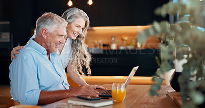 Buy stock photo House, laptop and senior couple with internet, connection and bonding together with smile. Old people, apartment and man with woman, computer and website information with financial review and invest