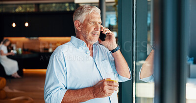 Buy stock photo Morning, drink and phone call with old man and window for good news, positive health test and smile. Retirement, telehealth checkup and contact with senior person and mobile in living room of home