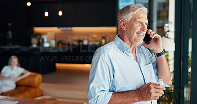 Buy stock photo Smile, drink and phone call with old man and window for good news, positive health test and glass. Retirement, telehealth checkup and contact with senior person and mobile in living room of home