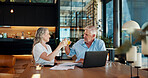 Cheers, success and laptop with old couple at home for social security benefits, annuity growth and retirement fund. Account balance, online banking and 401k withdrawal with people and profit