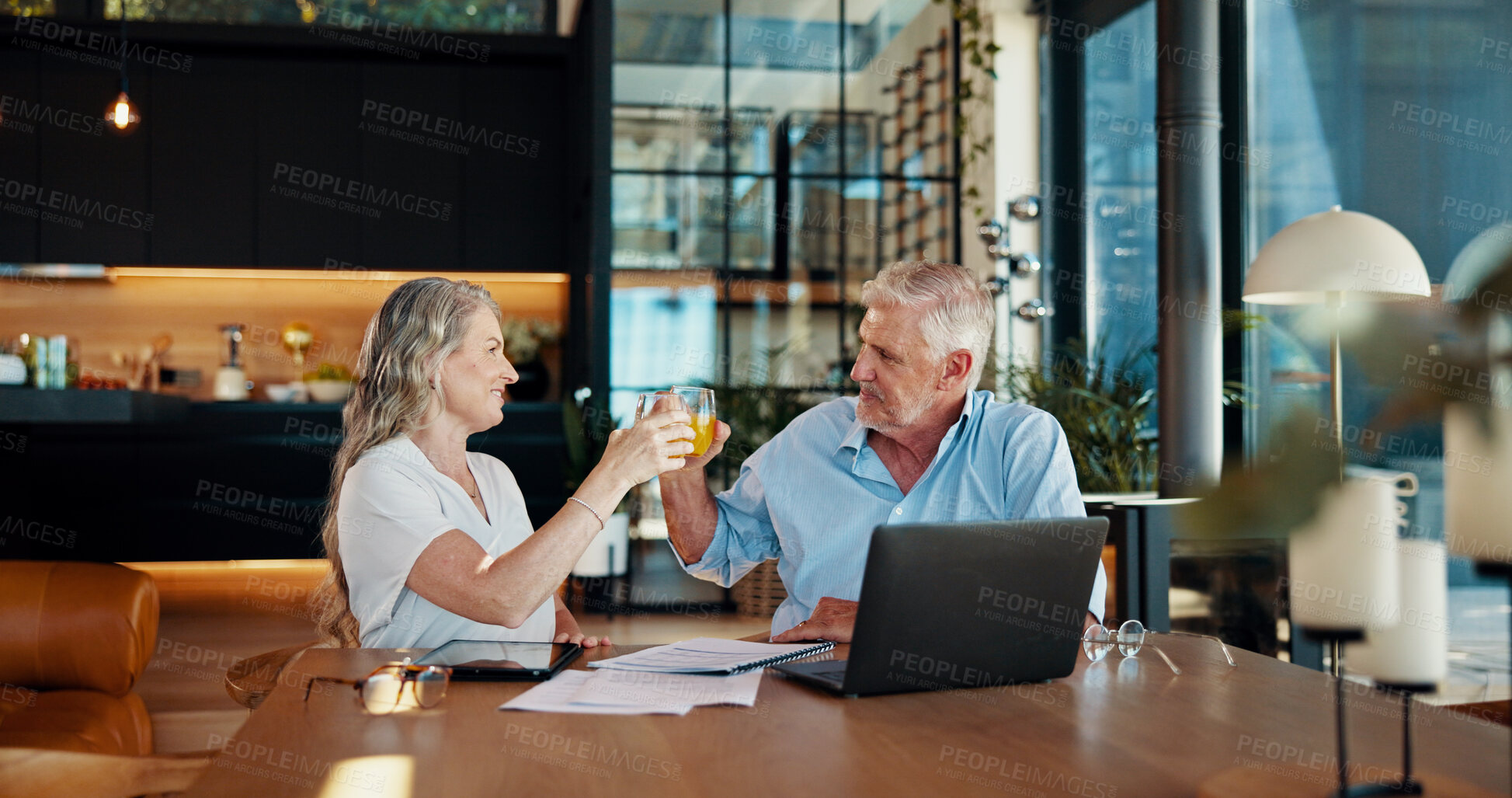 Buy stock photo Cheers, success and laptop with old couple at home for social security benefits, annuity growth and retirement fund. Account balance, online banking and 401k withdrawal with people and profit
