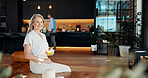 Portrait, mature or happy woman with cocktail in home for wellness, citrus flavour or break on weekend. Relax, energy and healthy person drinking fruit beverage for nutrition or vitamins in house