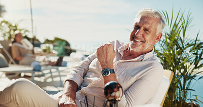 Buy stock photo Portrait, outdoor and man with smile, vacation and relax with weekend break, resort and tropical island. Mature person, summer holiday and guy with retirement, traveling and happiness in Miami