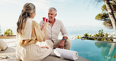Buy stock photo Mature couple, cheers and wine on vacation, traveller and bonding on trip with alcohol and happy. Holiday, people and toast for anniversary on resort, travel and smile for commitment in marriage