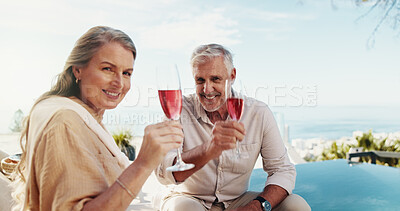 Buy stock photo Travel, portrait and mature couple with wine, relax and celebration of anniversary with liquor or outdoor. Bonding, man and woman with drink on resort, alcohol and people with smile on holiday in USA