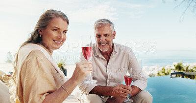 Buy stock photo Travel, portrait and mature couple with alcohol, relax and celebration of anniversary with liquor or outdoor. Bonding, man and woman with drink on resort, wine and people with smile on holiday in USA