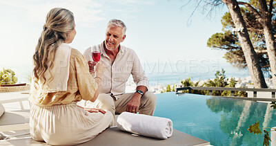 Buy stock photo Mature couple, cheers and happy with wine, vacation and bonding on trip with alcohol or celebration. Holiday, people and toast for anniversary on resort, travel and smile for commitment in marriage
