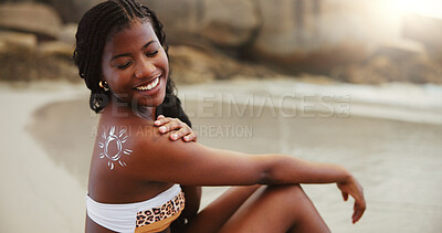 Buy stock photo Beach, smile and black woman with sunscreen for skincare, back protection and body care for beauty. Ocean, sun cream and African girl with spf cosmetics for health and holiday, travel or adventure