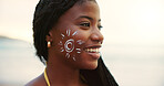 Beach, face and black woman with sunscreen for skincare, uv protection or beauty at sunset. Ocean, sun cream and girl with spf cosmetics for  dermatology, adventure or travel to relax on holiday