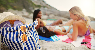 Buy stock photo Beach, women and friends with vacation, bag and relax with summer holiday, break and comfort. People, seaside and girls with sunglasses, tropical island and ocean with bonding, shades and Zanzibar