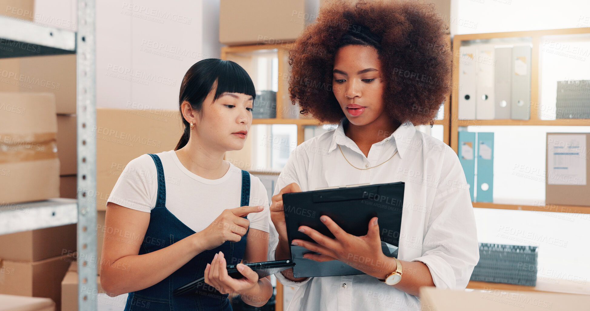 Buy stock photo Team, checklist and business women in shipping startup or warehouse for schedule on tablet. Distribution, planning and supply chain for logistics, ecommerce or discussion for stock order on clipboard