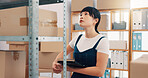 Tablet, inventory and search with asian woman in warehouse for logistics route, tracking code and cargo box. Checklist, ecommerce delivery with person in shipping factory for supplier distribution