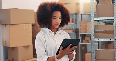 Buy stock photo Tablet, inventory and shipping with woman in warehouse for logistics route, tracking code and cargo box. Checklist, ecommerce delivery with african person in factory for supplier distribution