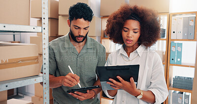 Buy stock photo Team, shipping or people with checklist on tablet for inventory check or stock count. Distribution, planning or supply chain for logistics discussion, ecommerce or clipboard for business in warehouse