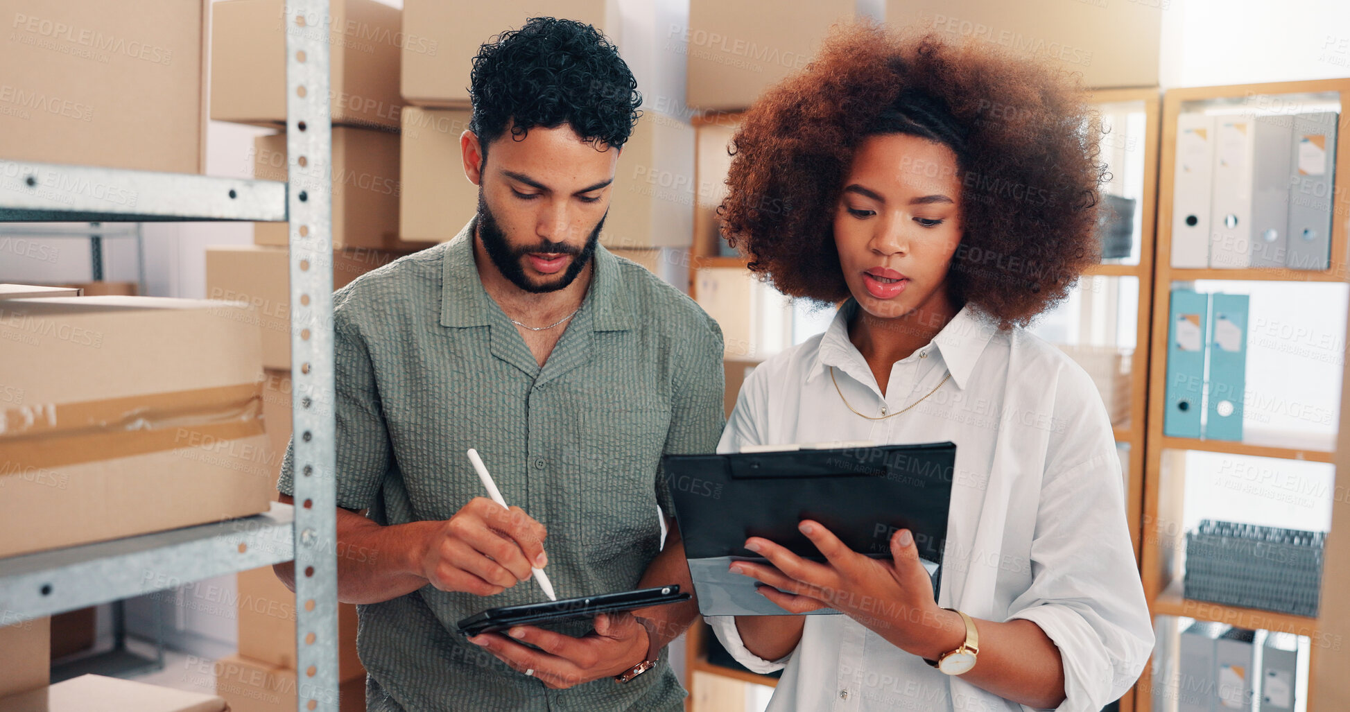 Buy stock photo Team, shipping or people with checklist on tablet for inventory check or stock count. Distribution, planning or supply chain for logistics discussion, ecommerce or clipboard for business in warehouse