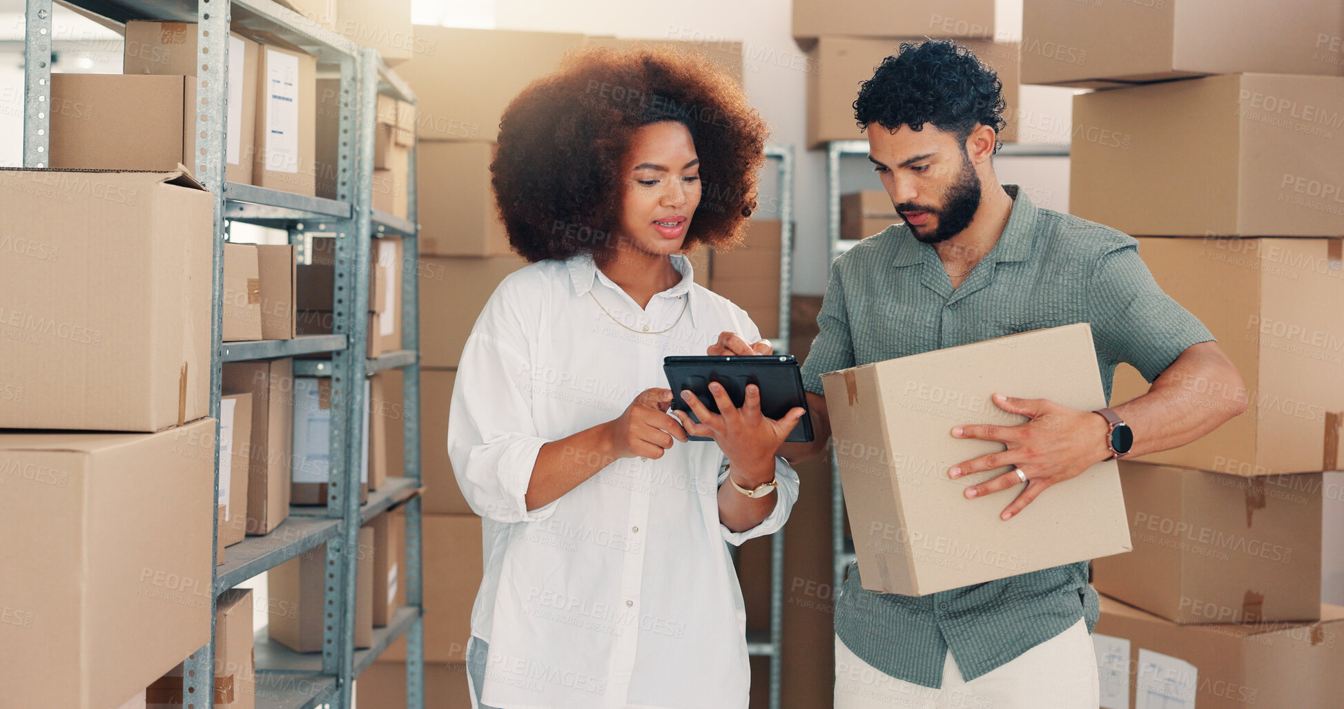 Buy stock photo Team, distribution and people on tablet with box for discussion, inventory check or stock count. Shipping, planning and supply chain for logistics, ecommerce package or business delivery in warehouse