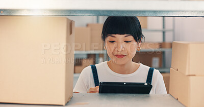 Buy stock photo Tablet, shipping and inspection with asian woman in warehouse for storage, logistics schedule and inventory. Planning, ecommerce and supplier checklist with employee in factory for cargo procurement