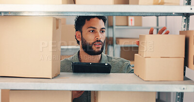 Buy stock photo Tablet, box and inspection with man in warehouse for storage, logistics schedule and inventory. Planning, ecommerce shipping and supplier checklist with employee in factory for cargo procurement