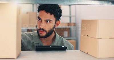 Buy stock photo Tablet, cargo and inspection with man in warehouse for storage, logistics schedule and inventory. Planning, ecommerce shipping and supplier checklist with employee in factory for procurement