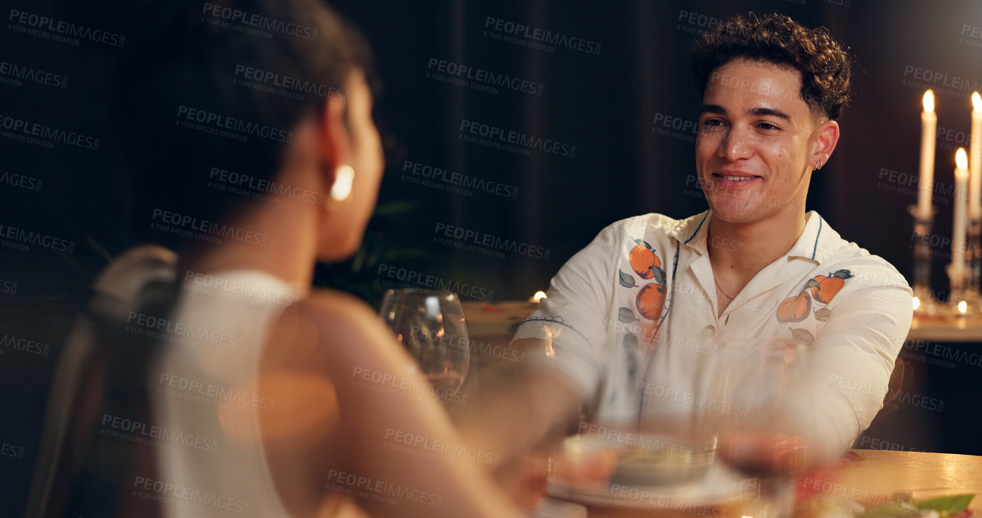 Buy stock photo Smile, couple and red wine on date at restaurant for valentines day, romantic dinner and celebration. People, talking and alcohol with fine dining, anniversary and bonding for relationship commitment