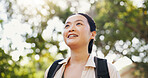 Thinking, hiking and Asian woman with nature, fitness and contemplating with weekend break. Japanese person, outdoor and hiker with hobby, adventure and carefree in forest, journey and traveling