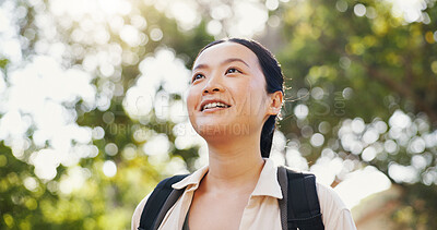 Buy stock photo Thinking, hiking and Asian woman with nature, fitness and contemplating with weekend break. Japanese person, outdoor and hiker with hobby, adventure and carefree in forest, journey and traveling