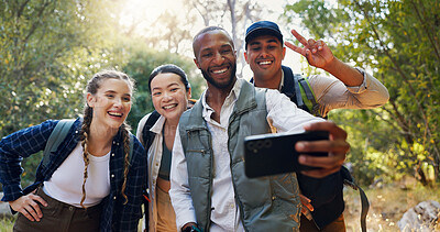 Buy stock photo Selfie, hiking and people with nature, journey and bonding together with adventure. Face, outdoor and friends with happiness, travel and group with weekend break, multiracial and energy with fun